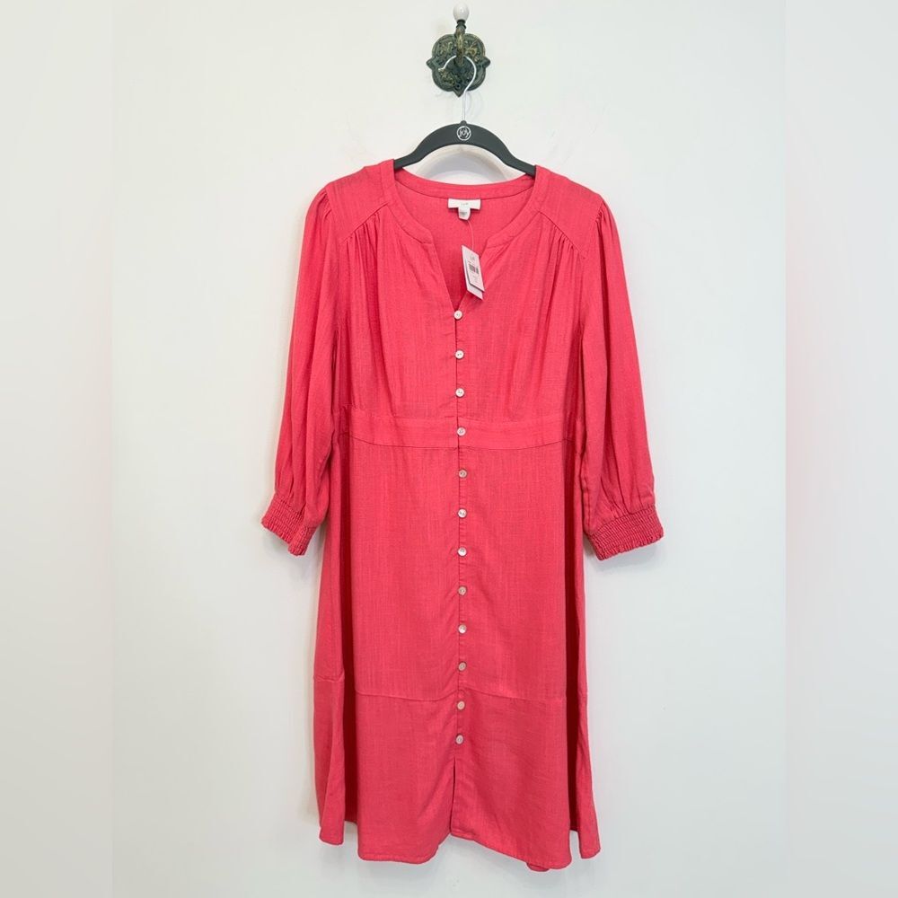 J. Jill Guava Pink Courtyard Linen Blend Button Front Knee Length Dress S NWT